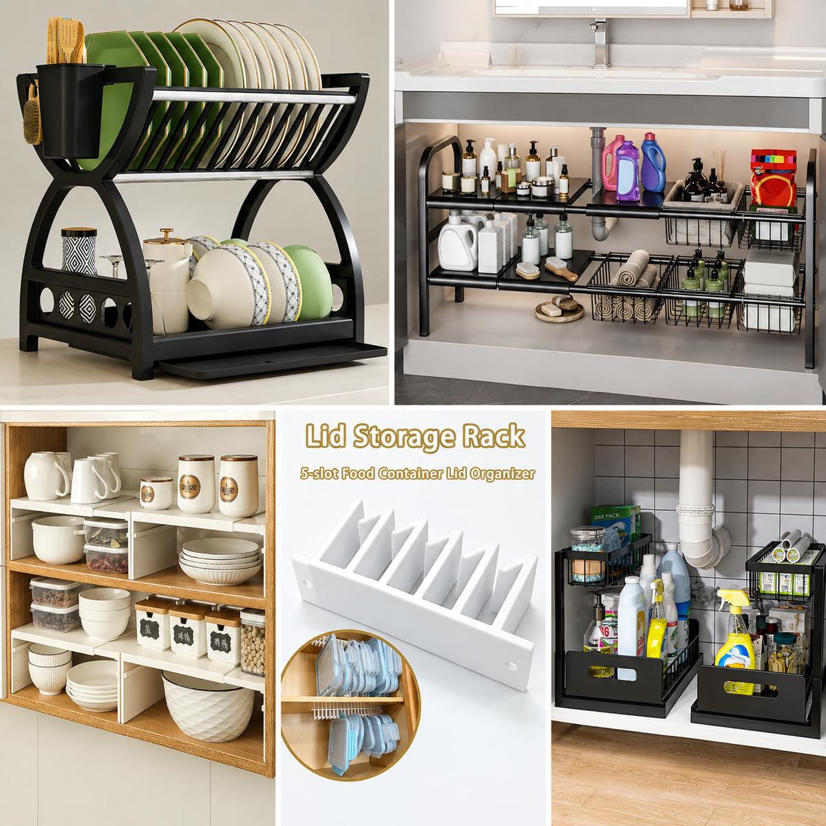 Collage of five home organization solutions, including a two-tier dish drying rack, under-sink storage shelves, a pantry cabinet organizer for dishes and containers, a five-slot food container lid rack, and black storage baskets for cleaning supplies.