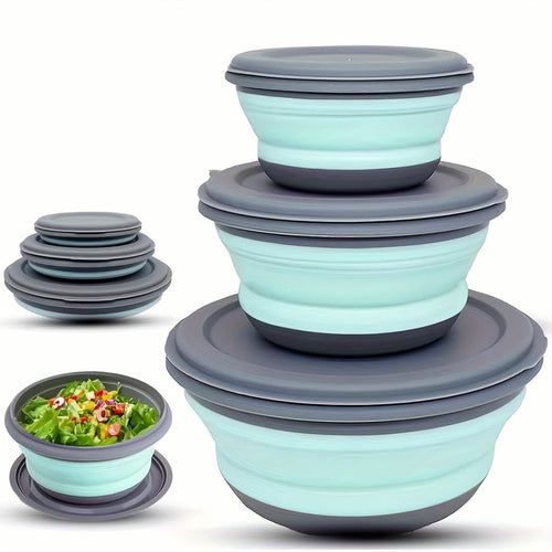 Foldable silicone camping bowls with lids, set of 3