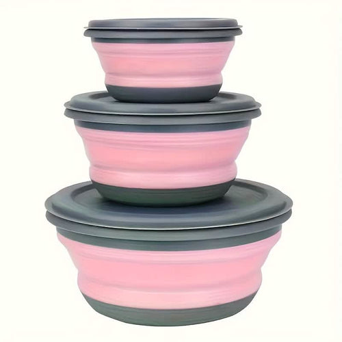 Foldable silicone camping bowls with lids, set of 3