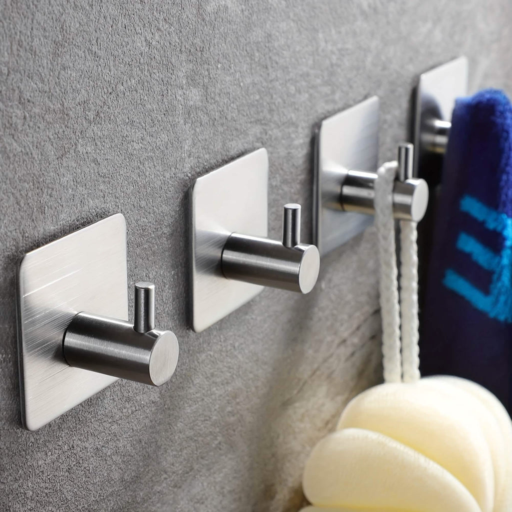 Heavy duty stainless steel stick-on wall hooks, 4-pack