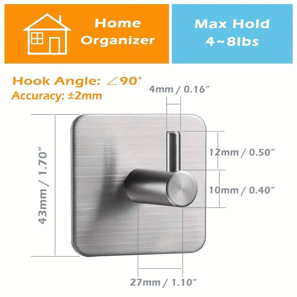 Heavy duty stainless steel stick-on wall hooks, 4-pack