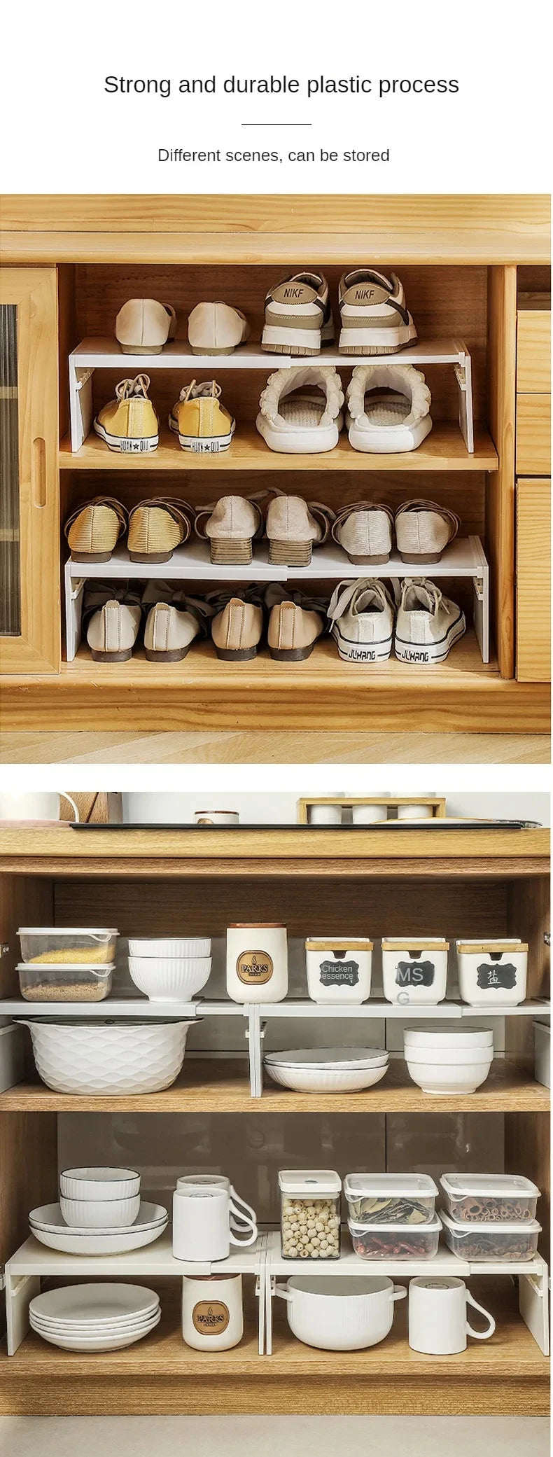 Expandable kitchen cabinet shelf – in gray or white