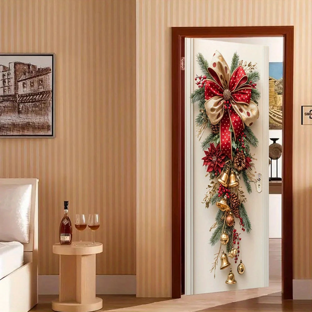 Christmas wall hanging with red bell and green leaf design – for a tree or mantel backdrop
