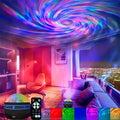 Colorful light projector creating swirling patterns in a living room.