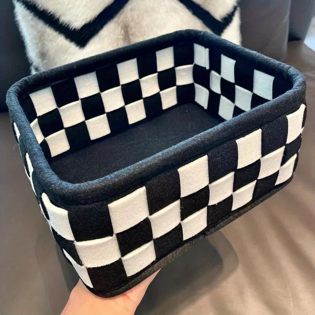 Black and white checkered fabric storage basket – for toys and snacks