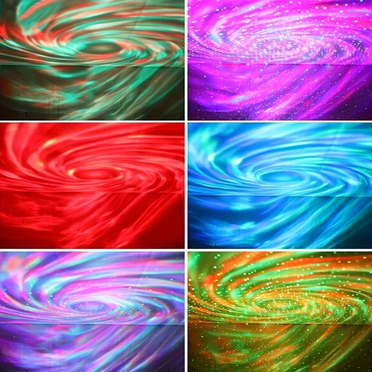 Six colorful spiral patterns in different colors.