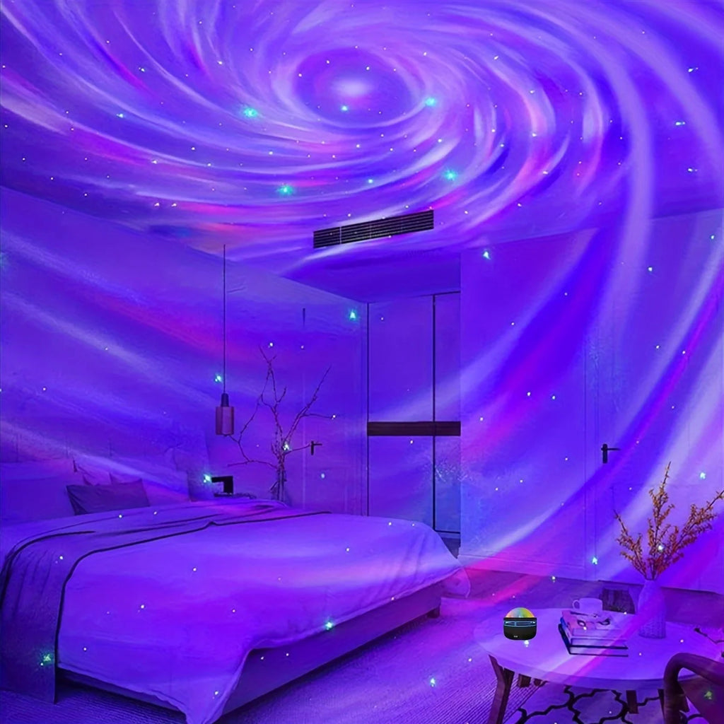 Modern bedroom with a starry night sky ceiling design.