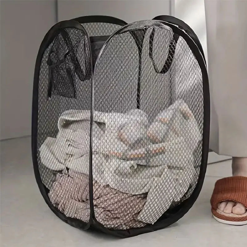 Mesh pop-up foldable laundry basket