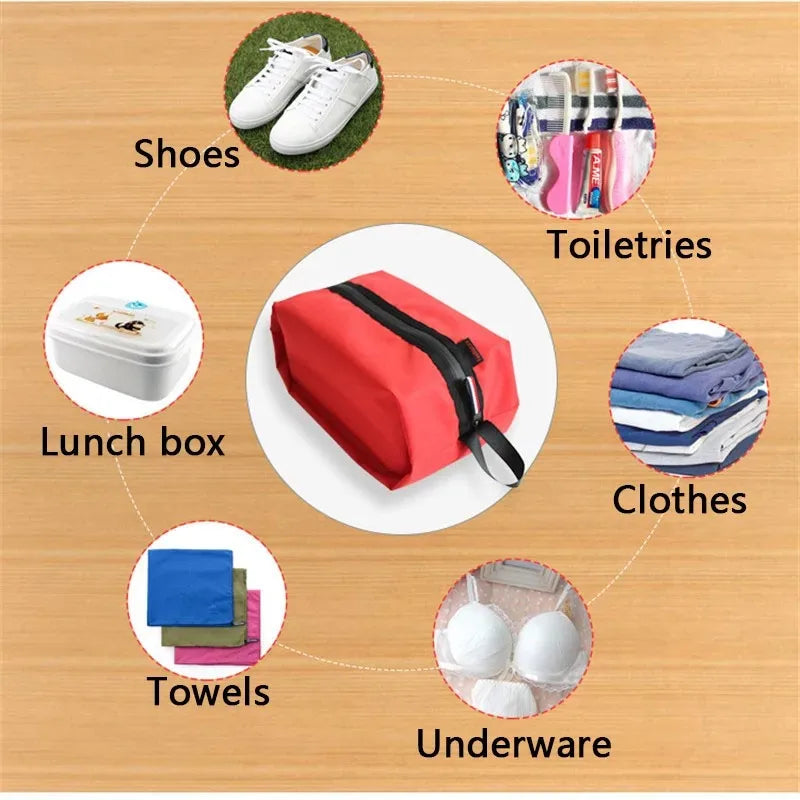 Red toiletry bag with labeled items on a wooden background
