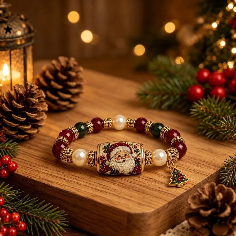 Christmas stretch beaded bracelet with Santa Claus charm
