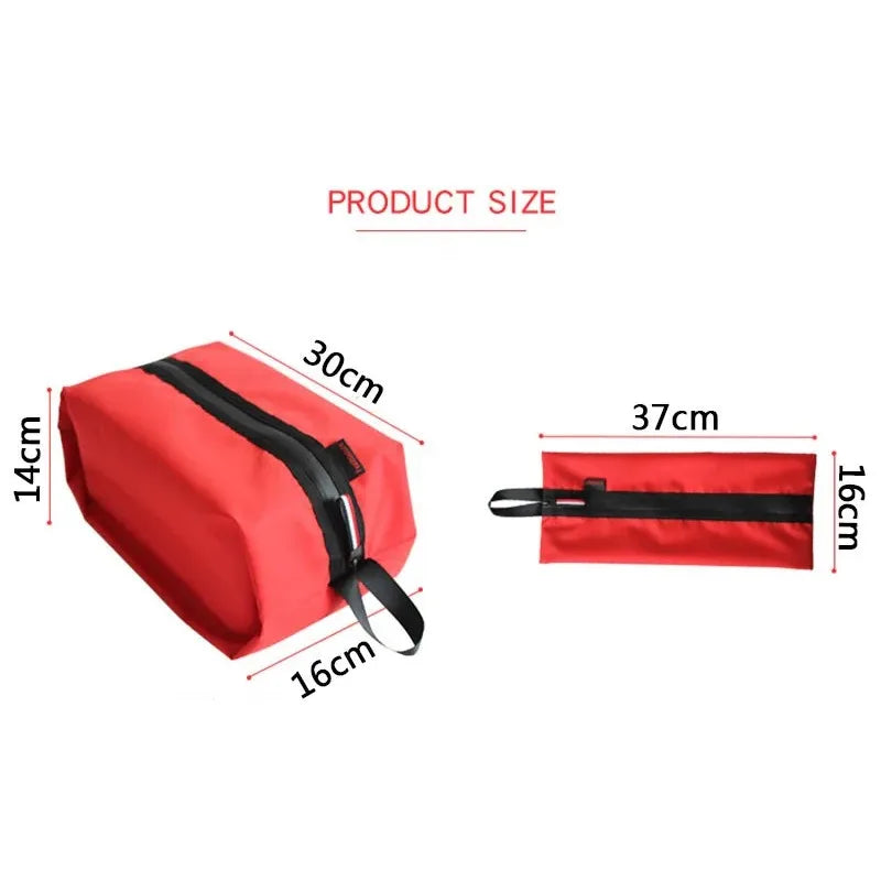 Red bag with black zipper and measurements on a white background