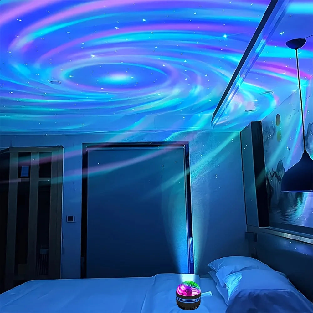 Room with a starry night sky projector on the ceiling and floor.