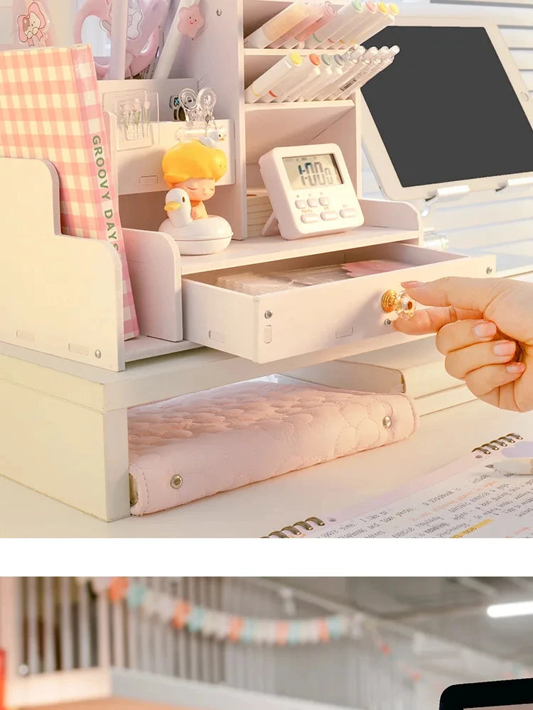 Mark Pen Pencil Holder Wooden Desk Organizers Shelves Accessories Desktop Stationery Organizer Bookshelf Home Office Storage Box