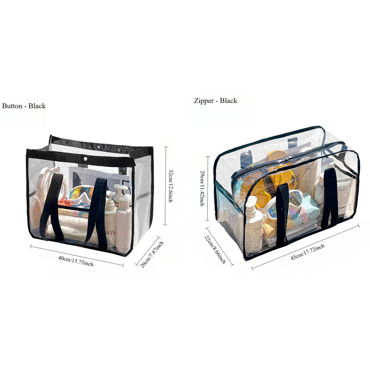 Transparent storage bag with button or zipper closure
