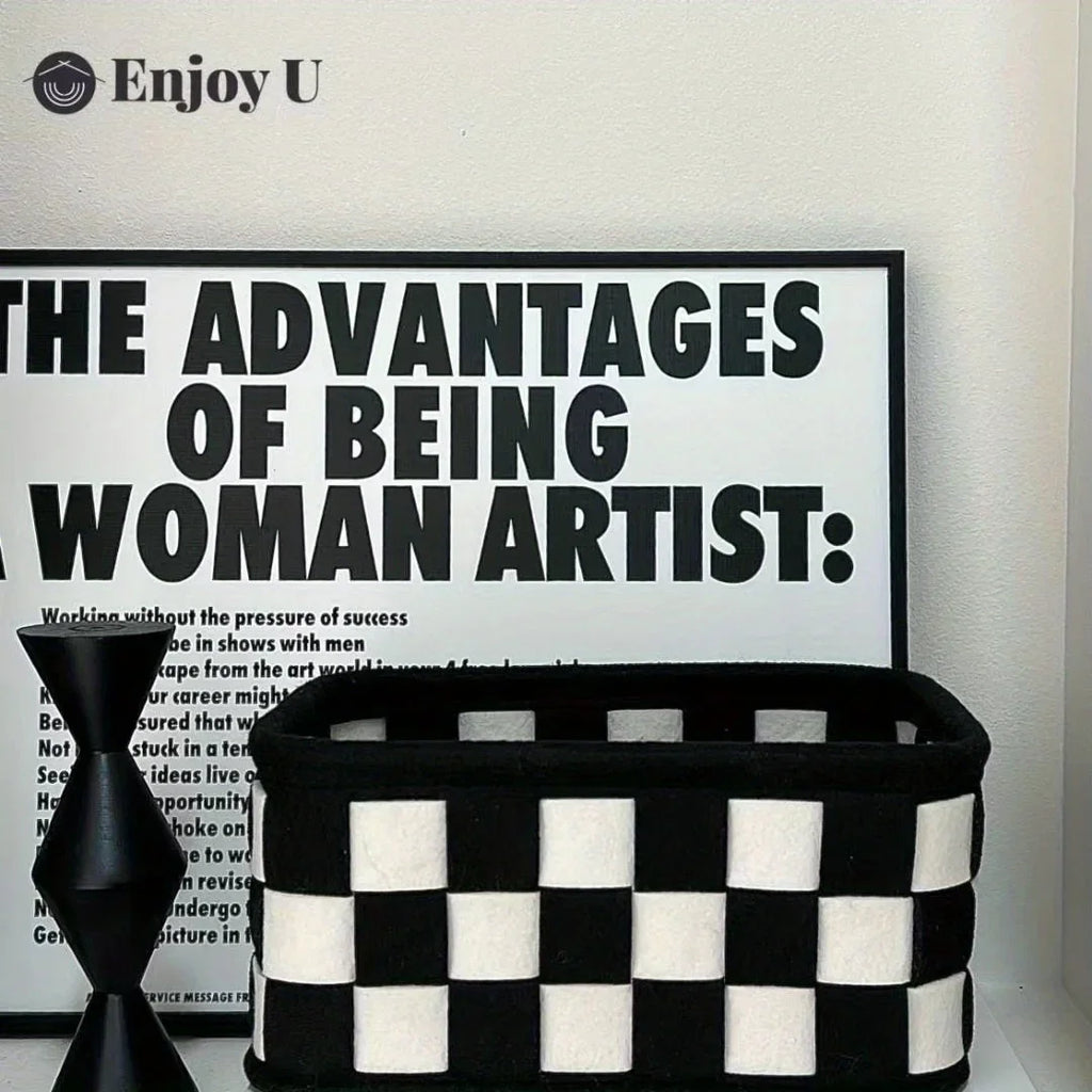 Black and white checkered fabric storage basket – for a shelf, desk or dresser