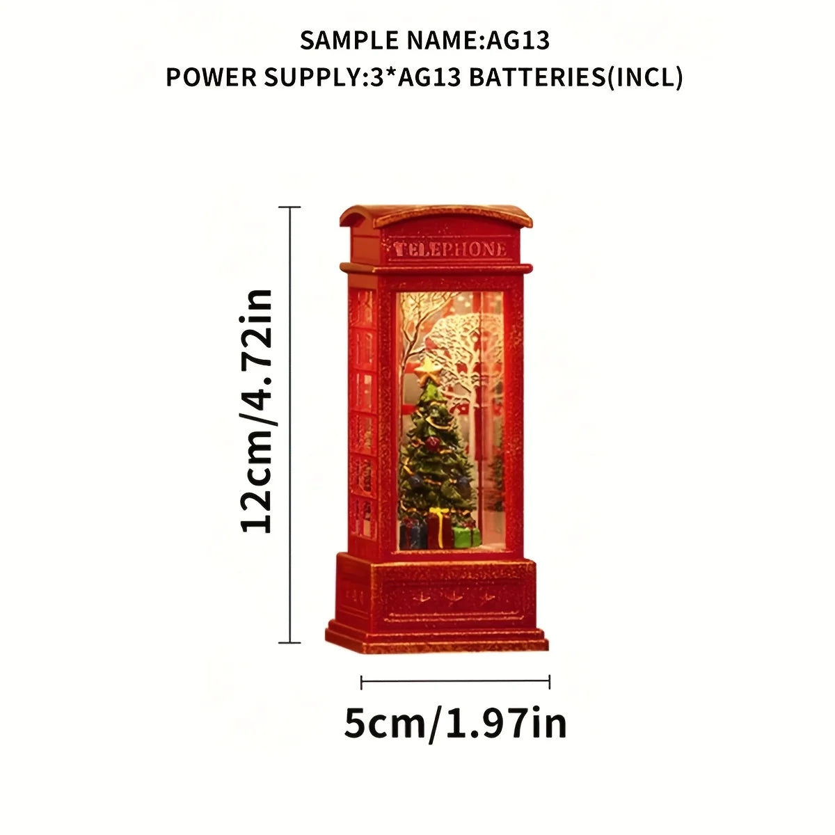 Lighted red phone booth Christmas ornament with Christmas tree