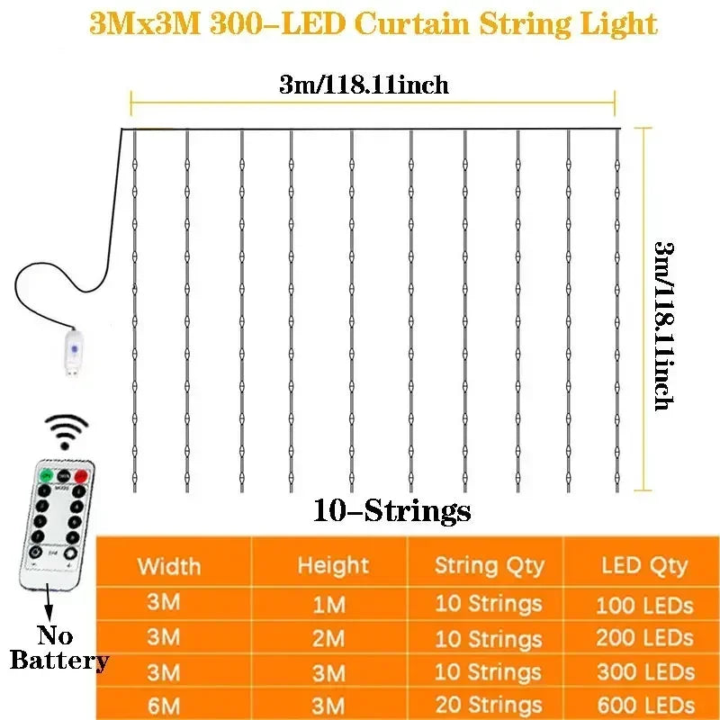 LED curtain string lights with 8 modes – for a bedroom wall