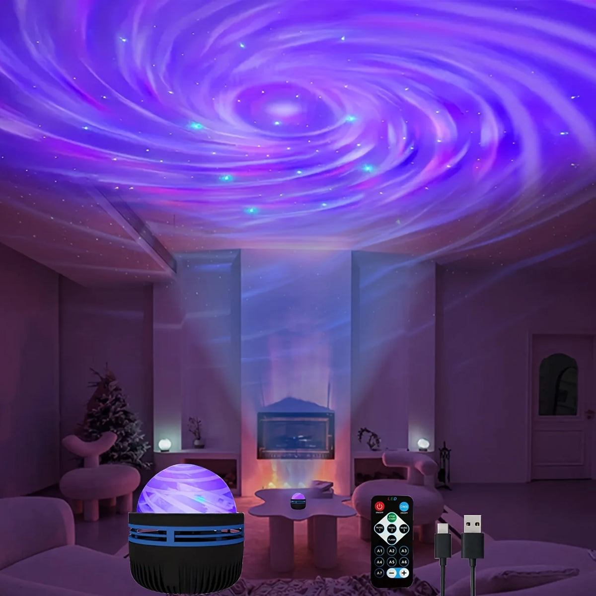 A purple galaxy projector lamp shown in a living room setting, casting a swirling starry sky pattern across the ceiling and walls. The black spherical lamp with blue LED accents is visible at the bottom, with a remote control and USB cable shown in the lower right corner.