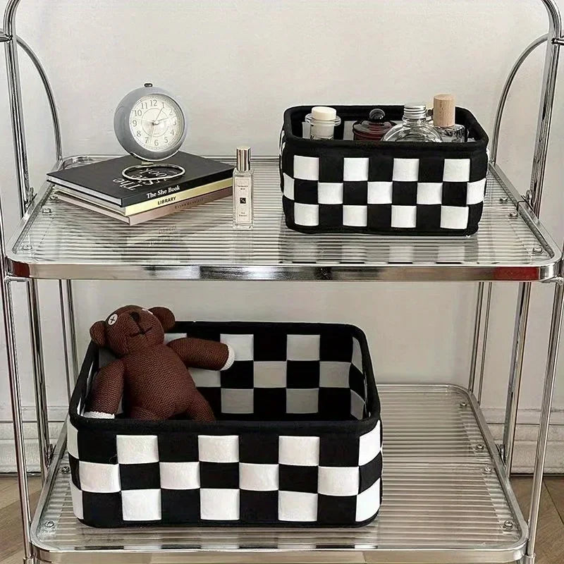 Foldable black and white fabric basket – for a shelf, desk or dresser