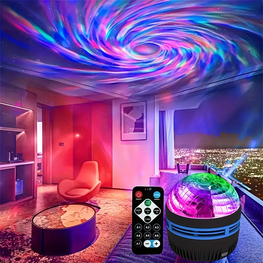 Colorful light projector creating a swirling pattern on the ceiling in a room with a city view.