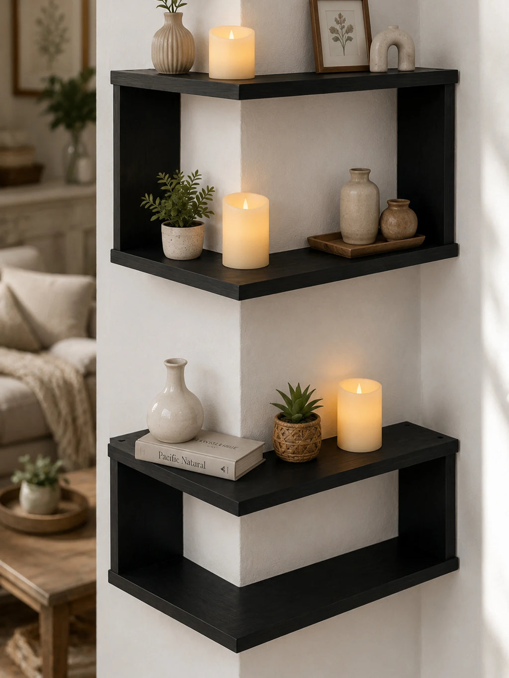 Wall-mounted corner and rectangular shelves