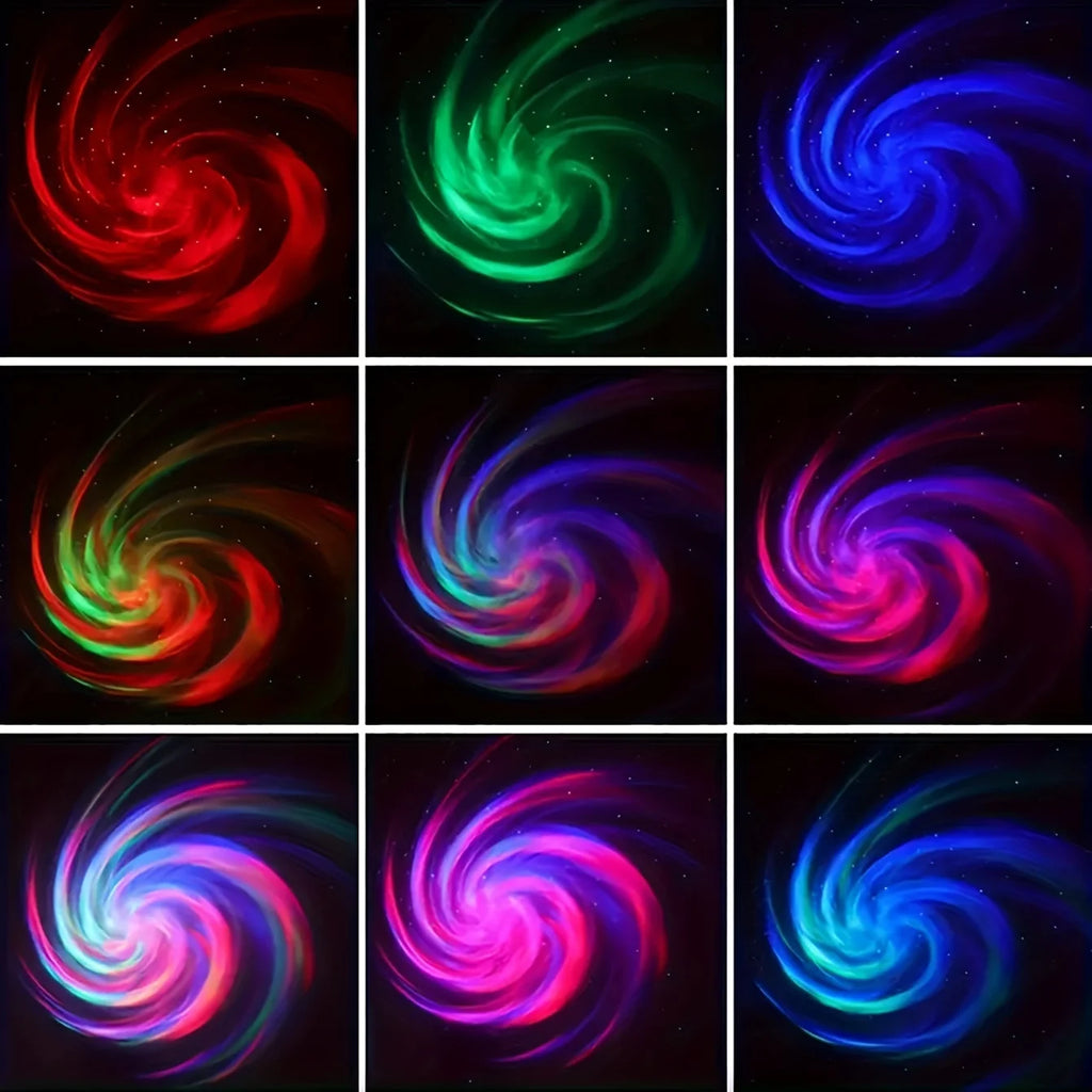 Grid of colorful spiral patterns on a black background