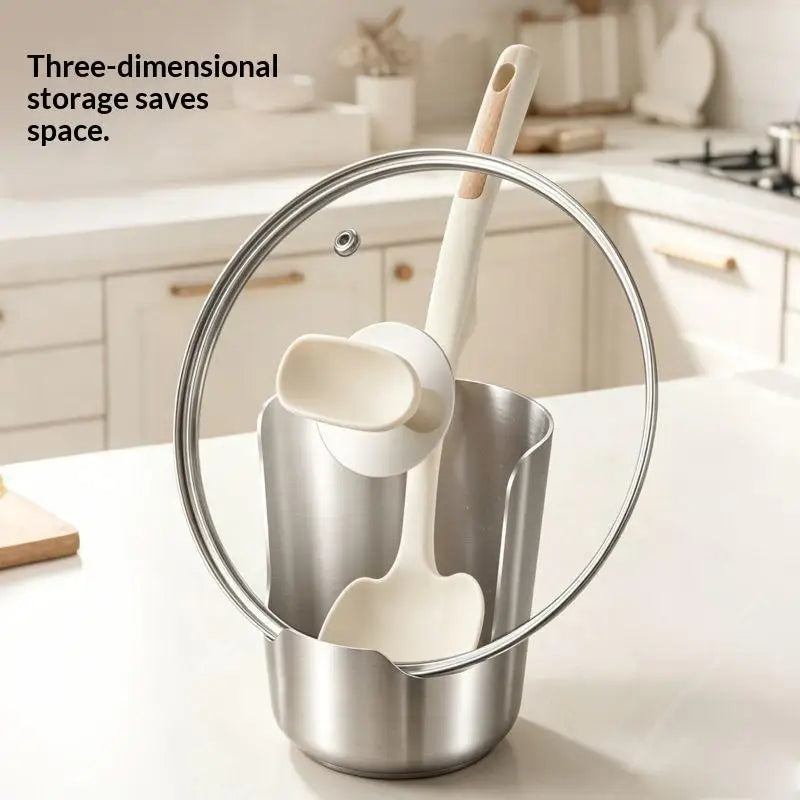 Stainless steel spoon and lid holder for the kitchen counter