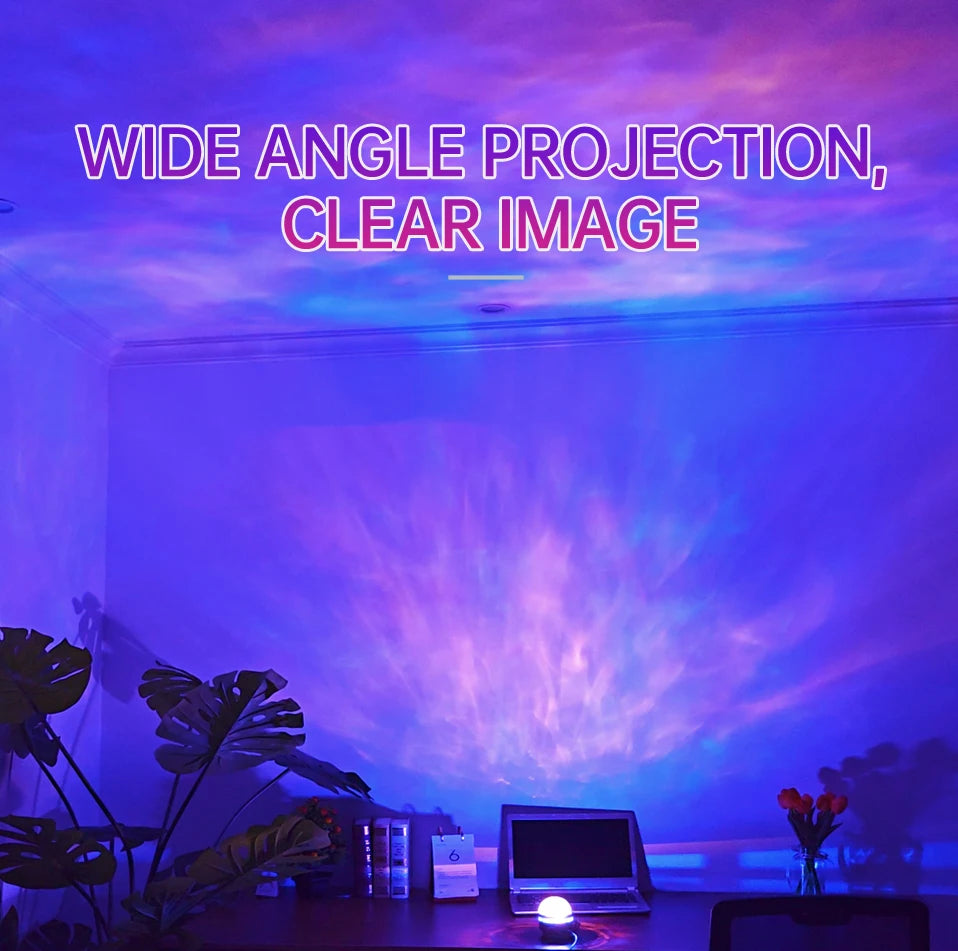 Room with a wide-angle projection of a colorful sky onto a wall, with text 'WIDE ANGLE PROJECTION, CLEAR IMAGE'.
