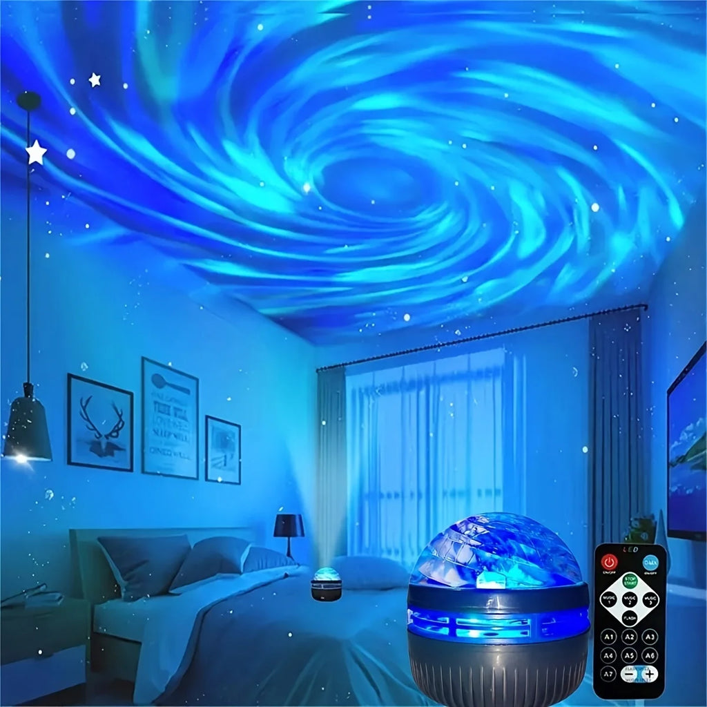 Room with starry night light projector on ceiling, bedroom setting