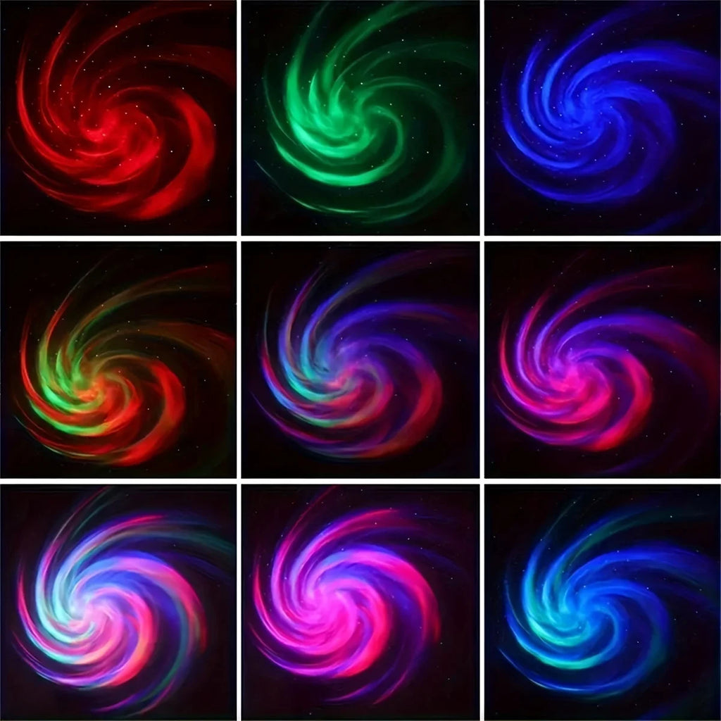 Grid of colorful spiral patterns on a black background