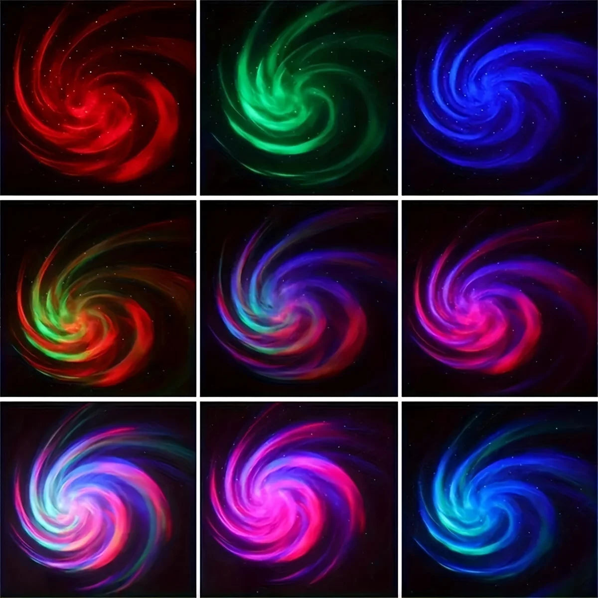 Grid of colorful spiral patterns on a black background