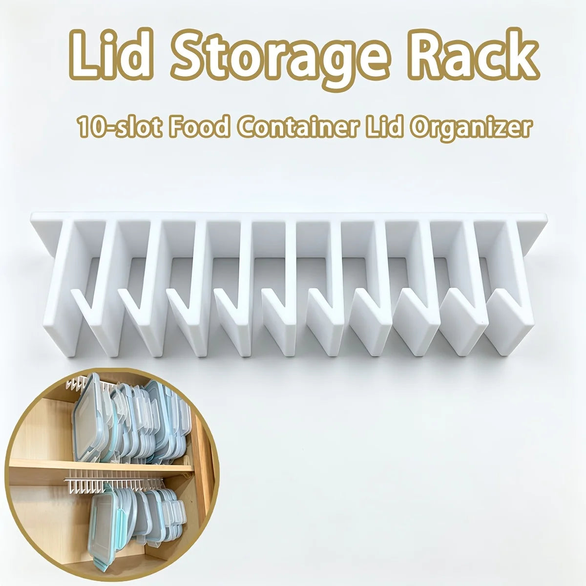 Lid organizer with 5 or 10 slots for a cabinet or wall