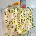 Decorative string lights with green leaves on a white curtain
