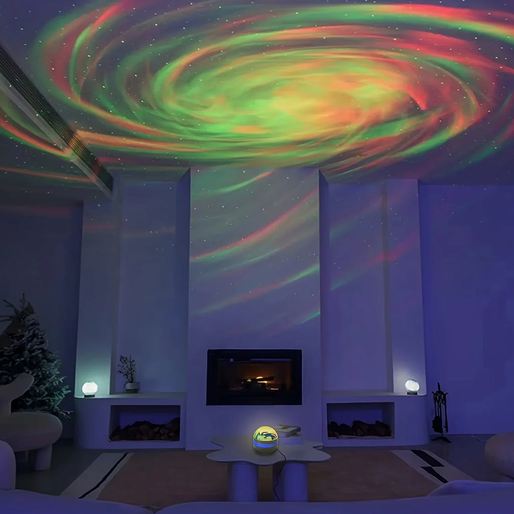 Living room with a colorful galaxy projection on the ceiling