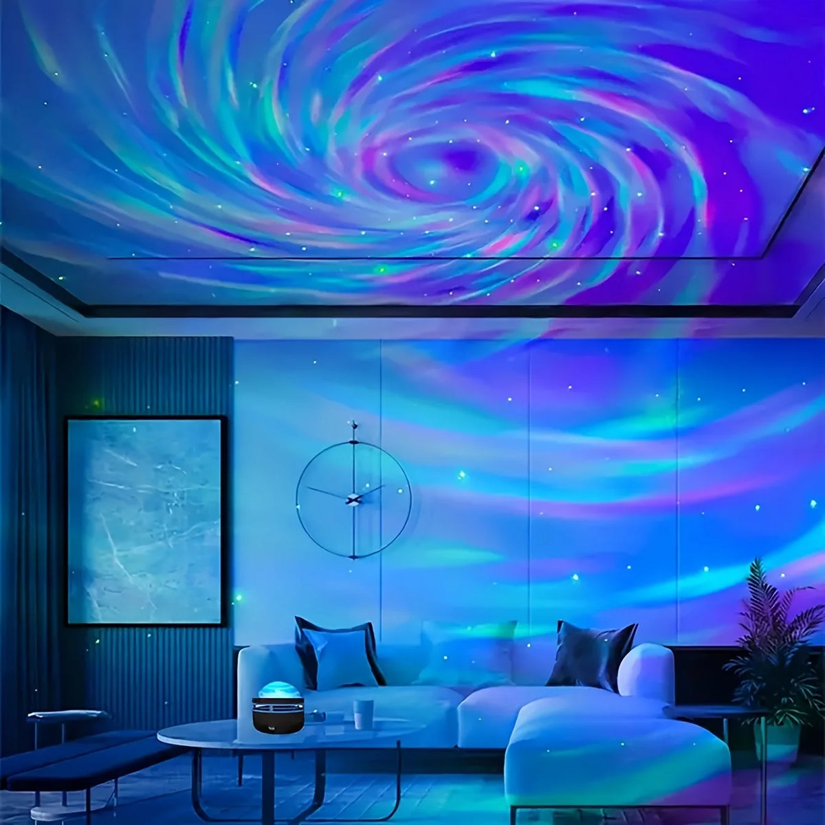 Modern living room with a vibrant, swirling galaxy design on the ceiling and walls.