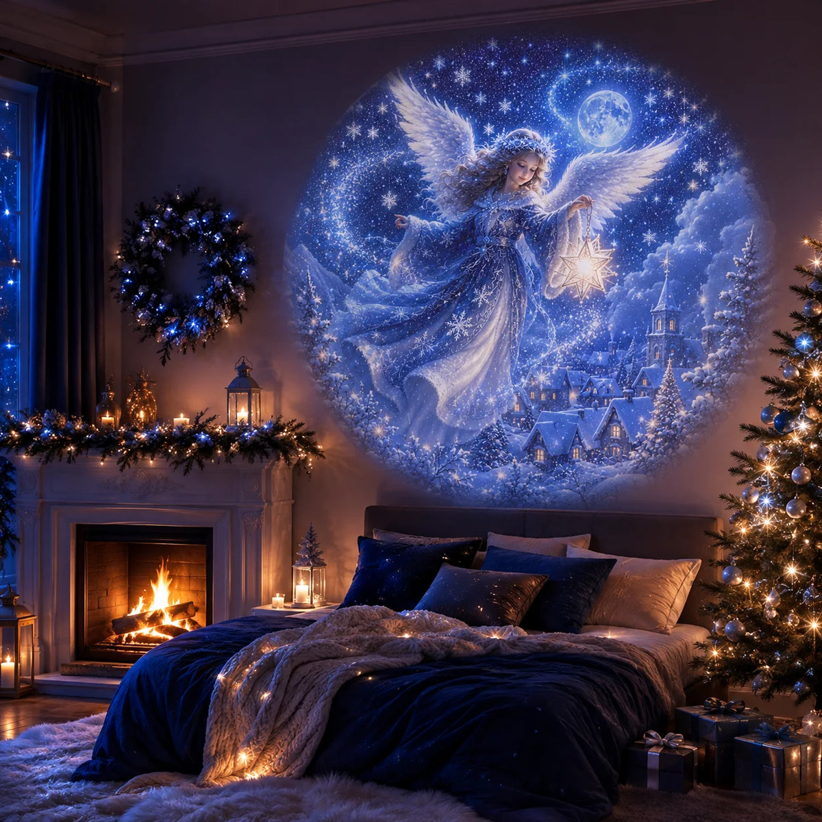 Christmas projector casting festive lights on a wall
