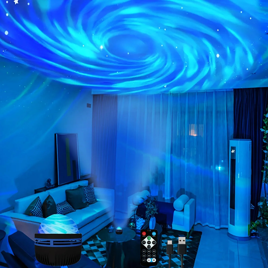Living room with blue light projector on ceiling