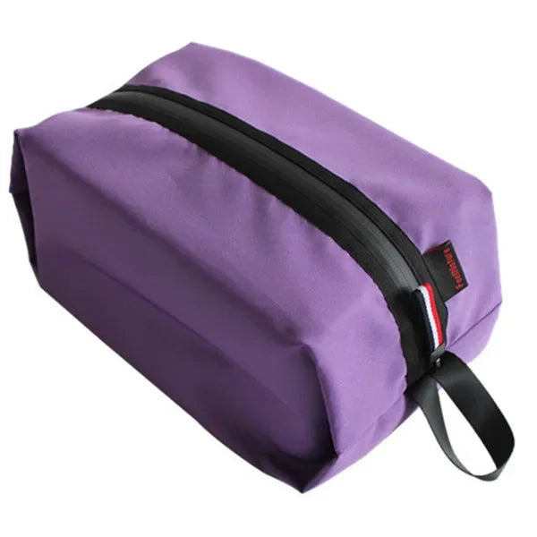 Purple pouch with black zipper on a white background