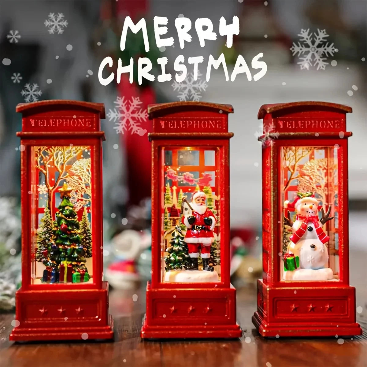 Retro telephone booth holiday decoration – in Santa, snowman or tree designs