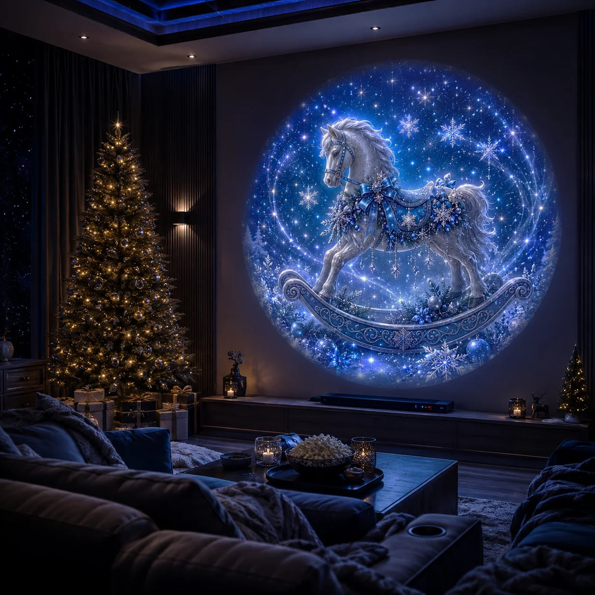 Holiday projector light for a cozy living room