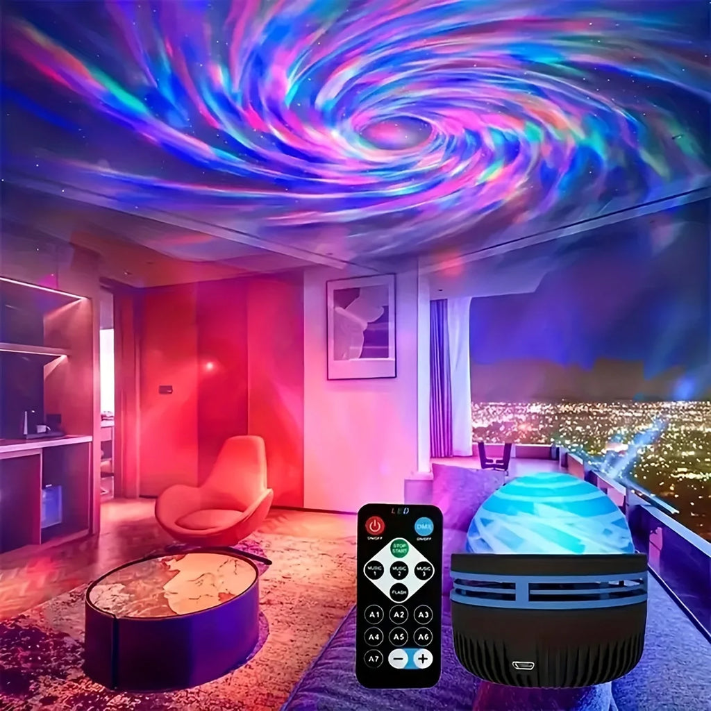 Colorful light projection in a room with a remote control and projector.