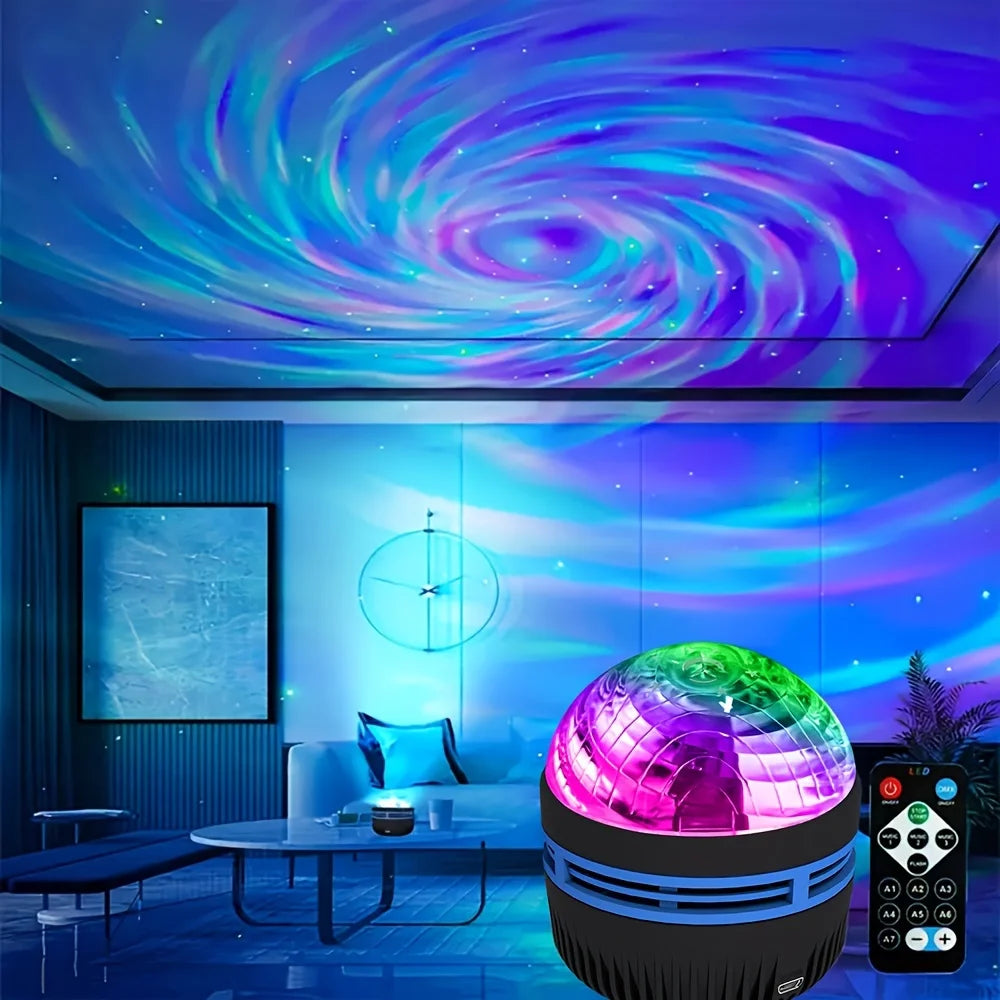 Colorful light projector in a room with starry sky effect on ceiling